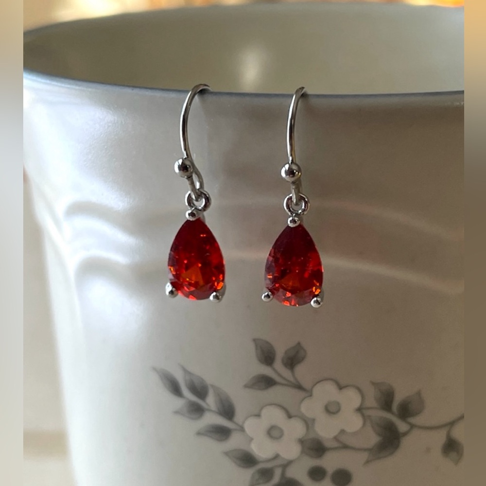 Silver-tone Ruby Red Cubic Zirconia Teardrop Earrings